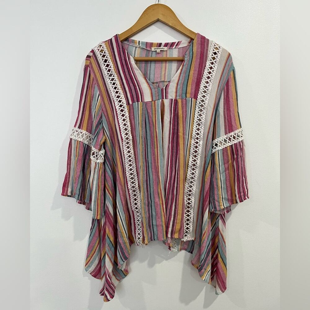 andthewhy Striped‎ Boho Peasant Asymmetrical Top Size Medium